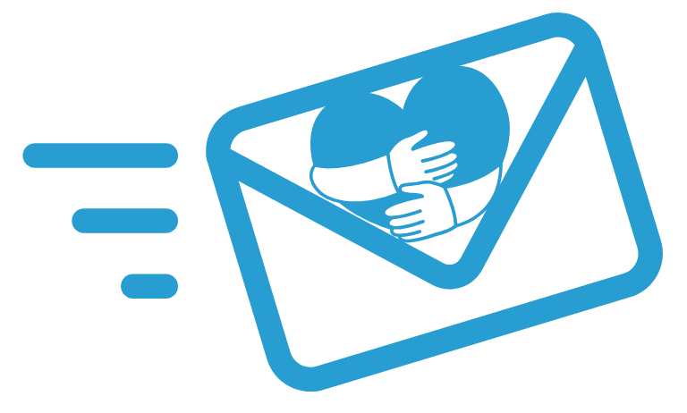 Blue icon of a heart with hands holding each other inside an envelope with a speed line.